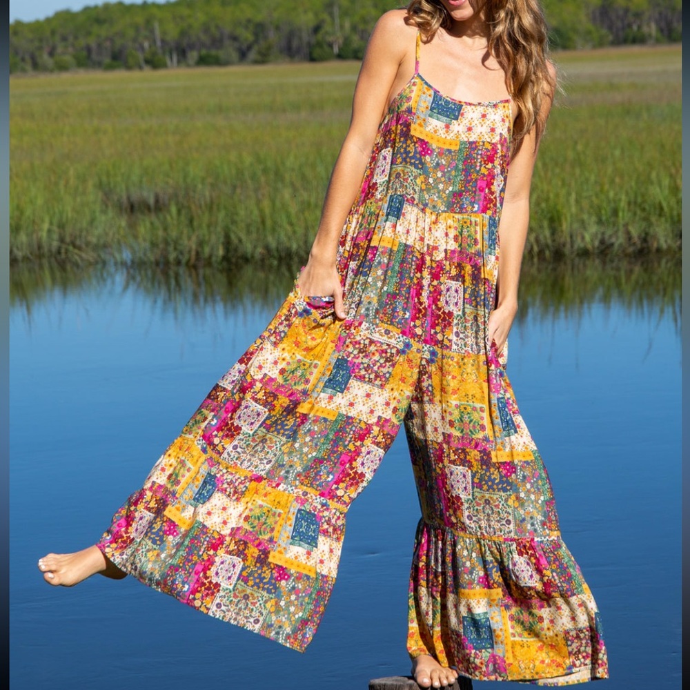 NATURAL LIFE Floral Patchwork Yellow Pink Green Blue Jumpsuit Romper - Picture 3 of 9